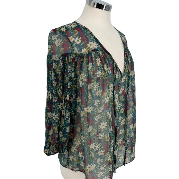 Pins & Needles Anthropologie Sheer Floral Blouse Teal Multicolor Size Small - Picture 5 of 11